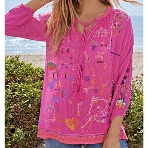 Johnny Was Pink Zadonia Embroidered Blouse Floral Sz P2XL Boho Lightweight
